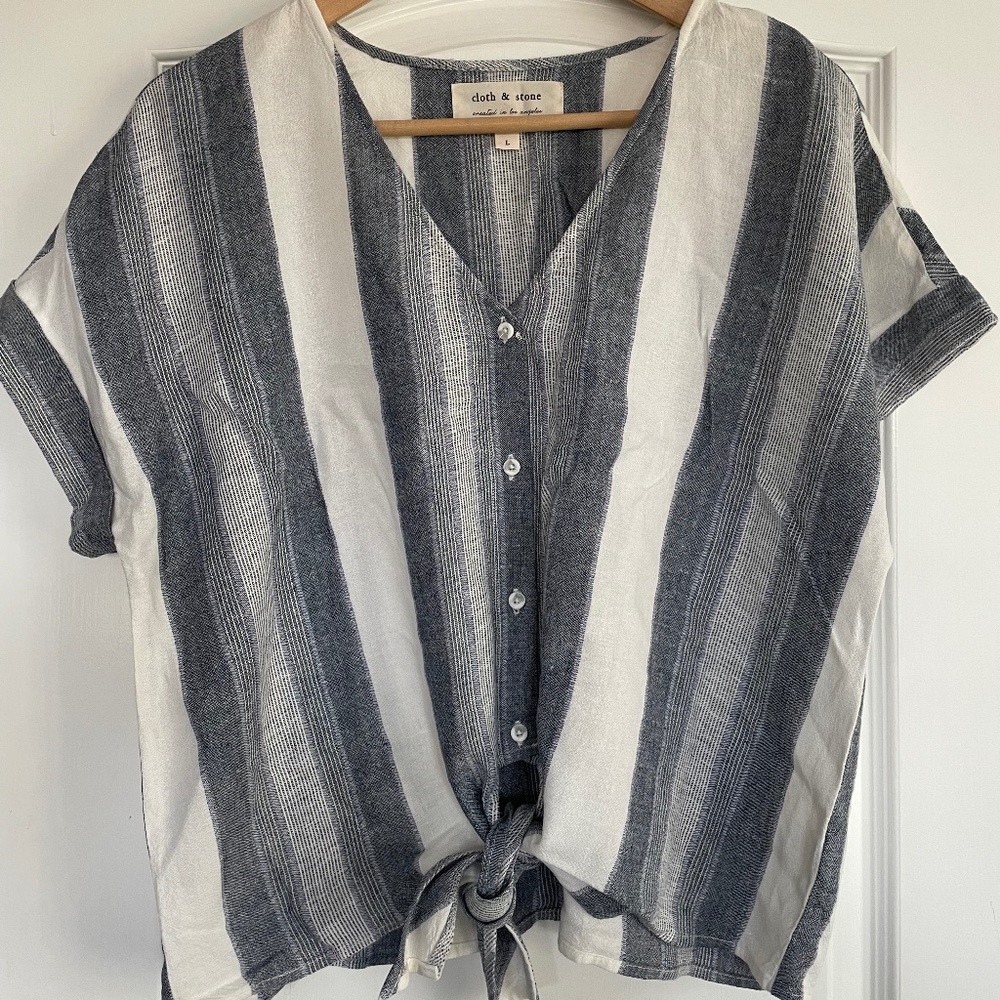 Oversized blue white linen blend tie front blouse
